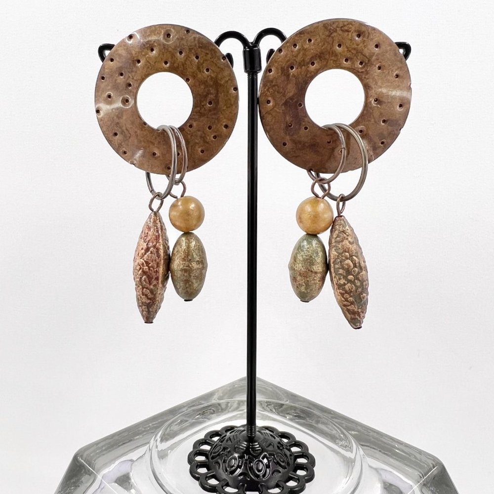 NWOT - Artisan BOHO Brass Tone Textured Metal Dangle Post Earrings - Picture 2 of 6